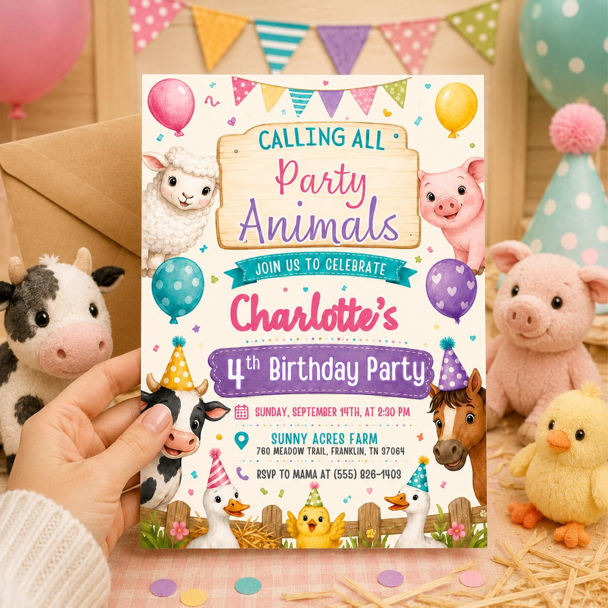 Pastel Farm Party Animals 4th Birthday Invitation — invitation you personalize in Canva