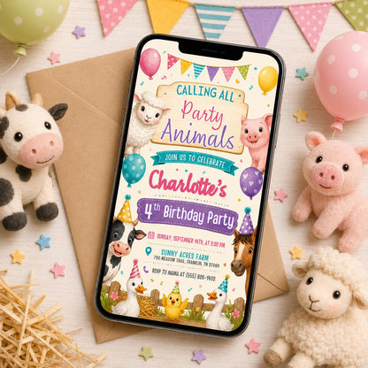 Pastel Farm Party Animals 4th Birthday Invitation — balloon artwork in blue and cream