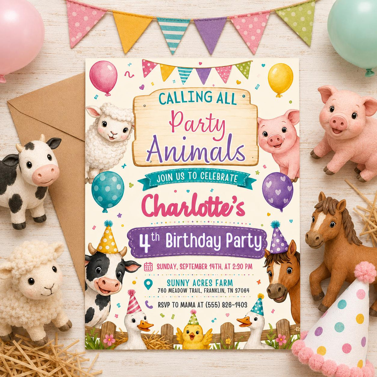 Pastel Farm Party Animals 4th Birthday Invitation — print-ready 4th birthday party design from VoltBy
