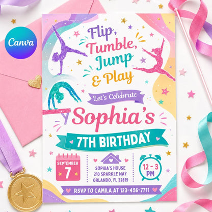 Flip Tumble Jump and Play Gymnastics 7th Birthday Invitation — editable Canva template