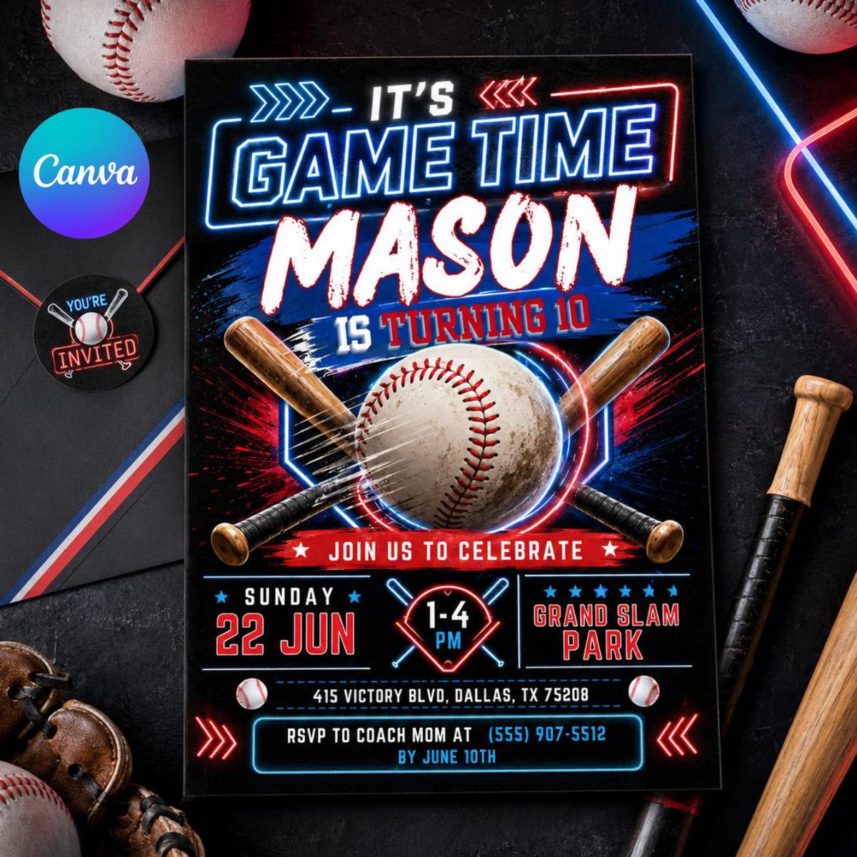 Neon Baseball 10th Birthday Invitation with Crossed Bats — editable Canva template