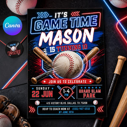 Neon Baseball 10th Birthday Invitation with Crossed Bats — editable Canva template