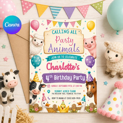 Pastel Farm Party Animals 4th Birthday Invitation — editable Canva template