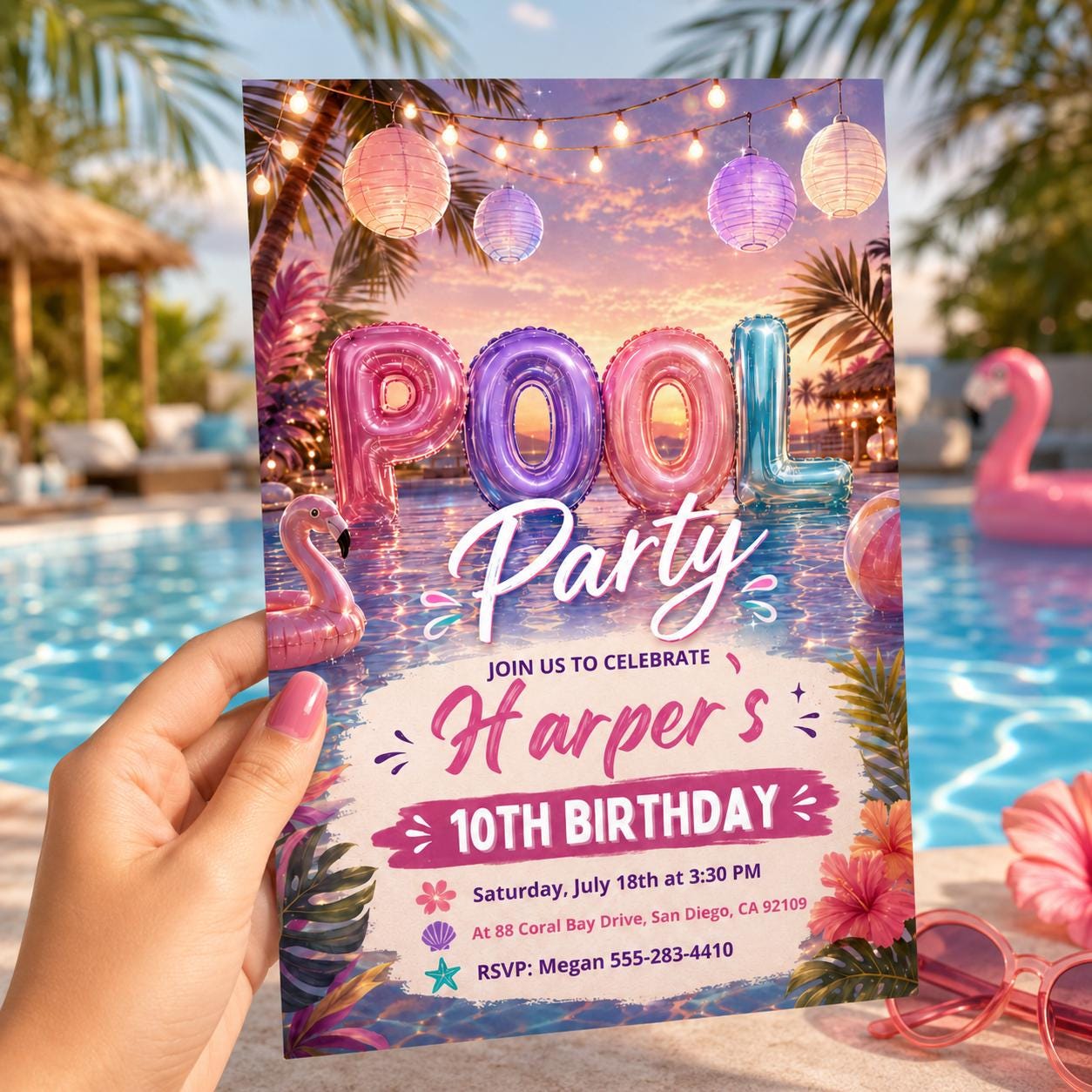 Editable Pool Party Birthday Invitation, Neon Glow Swim Invite for Boys Blue Green, Neon Pool Party Invitation, Editable Canva Template __etsy:8074989267