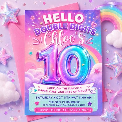 Hello Double Digits 10th Birthday Invitation with Iridescent Number — invitation you personalize in Canva
