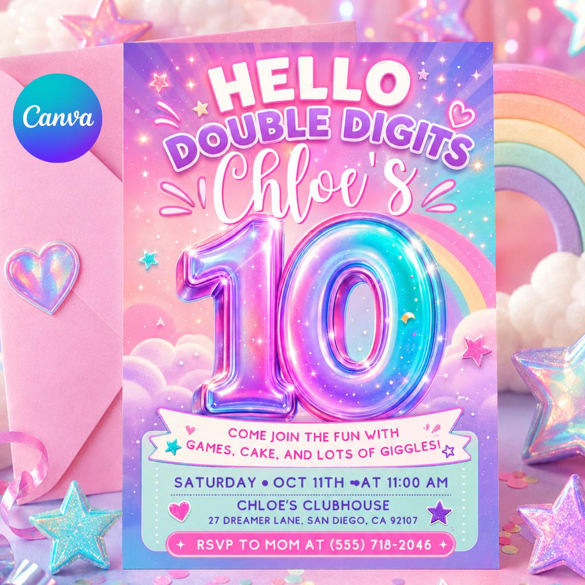 Hello Double Digits 10th Birthday Invitation with Iridescent Number — editable Canva template