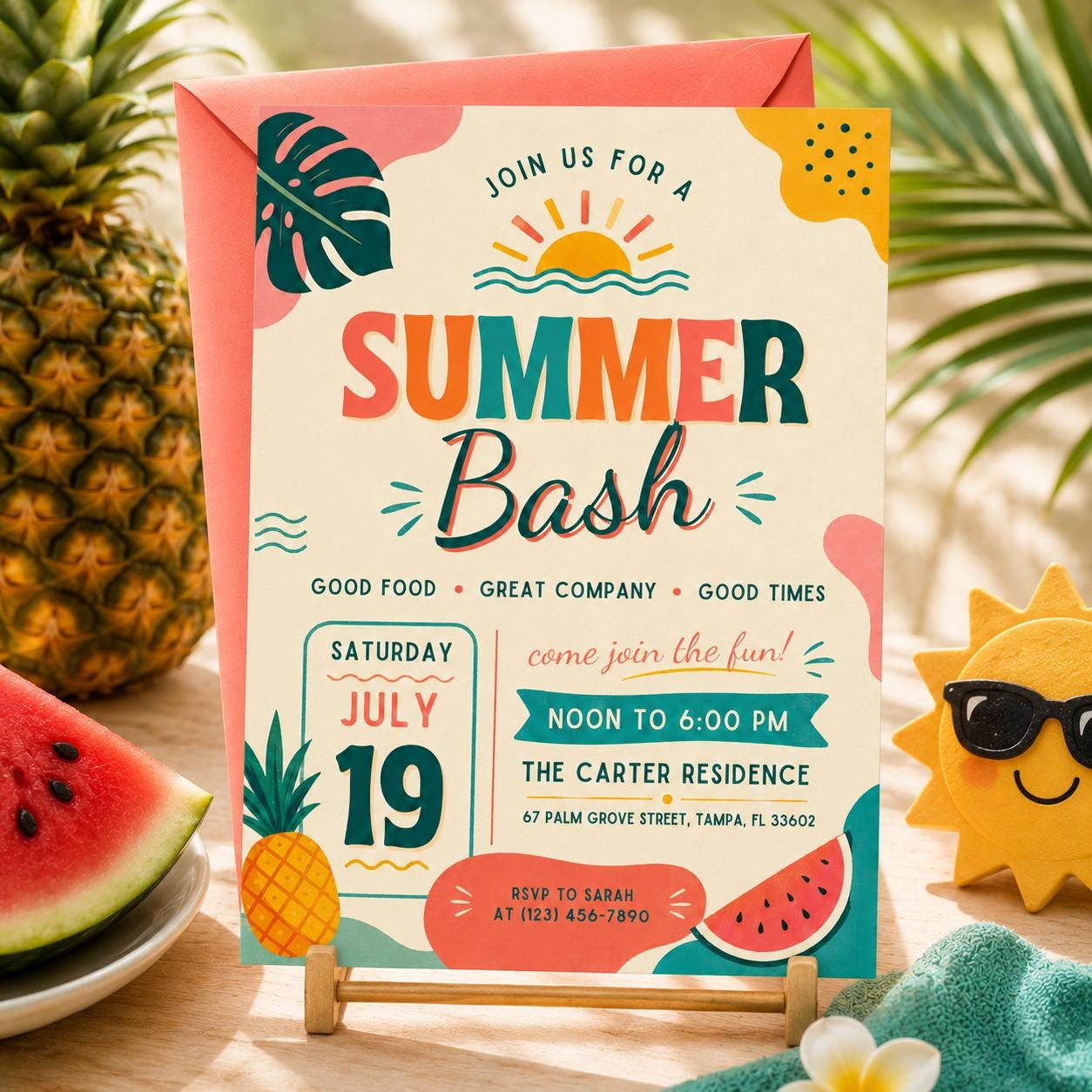 Summer Bash Invite, Summer Party Invitation Goodbye School Hello Summer, Sun Beach Swim Pool Palm Tree Tropical Schools Out, Canva template __etsy:8075091855