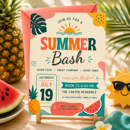 Summer Bash Invite, Summer Party Invitation Goodbye School Hello Summer, Sun Beach Swim Pool Palm Tree Tropical Schools Out, Canva template __etsy:8075091855