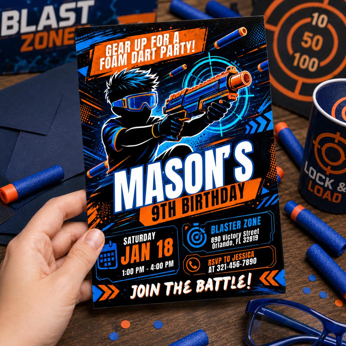 Foam Dart 10th Birthday Invitation with Illustrated Player — invitation you personalize in Canva