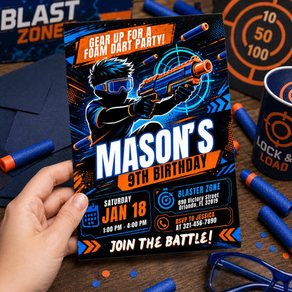 Foam Dart 10th Birthday Invitation with Illustrated Player — invitation you personalize in Canva