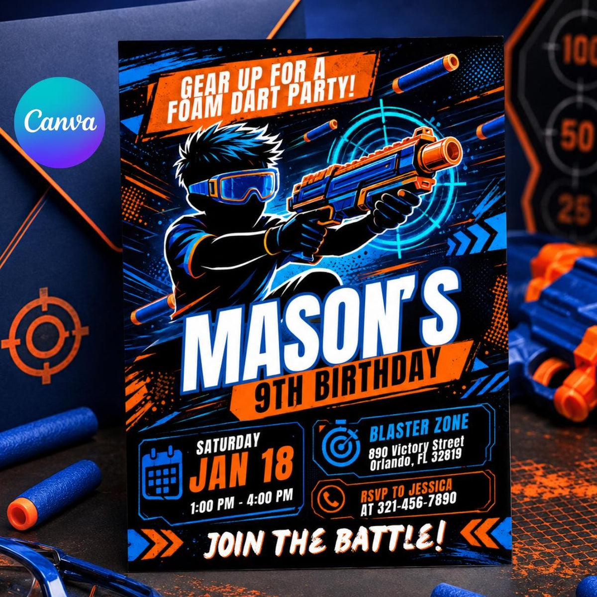 Foam Dart 10th Birthday Invitation with Illustrated Player — editable Canva template
