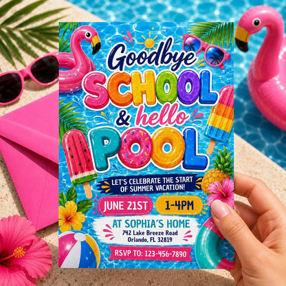 Goodbye School Hello Pool Invitation, End Of School Pool Party Invite, Summer Break Invite, End of School, Editable Canva Template __etsy:8075179903