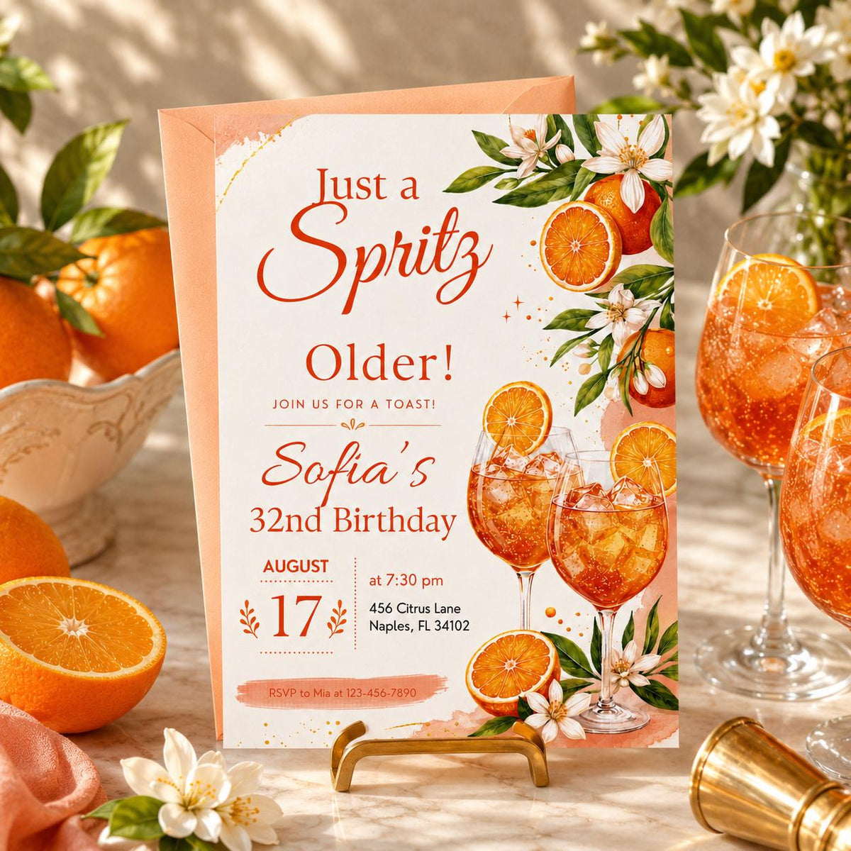 Just a Spritz Older 32nd Birthday Invitation — cocktail artwork in green and orange