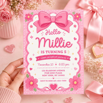 Pink Bow and Daisy 5th Birthday Invitation — print-ready 5th birthday party design from VoltBy
