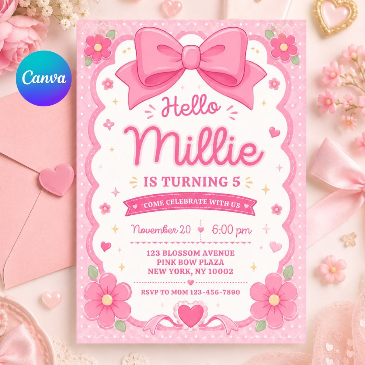 Pink Bow and Daisy 5th Birthday Invitation — editable Canva template