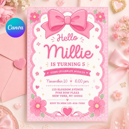 Pink Bow and Daisy 5th Birthday Invitation — editable Canva template