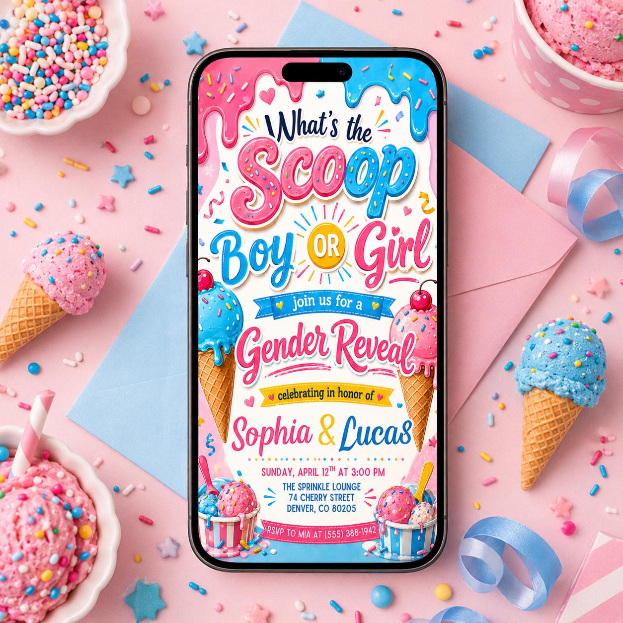 Gender Reveal Invitation Template, Ice Cream Scoop Theme, Ice Cream Gender Reveal Invite, What's The Scoop Party, Baby Boy Or Girl He Or She __etsy:8076848549