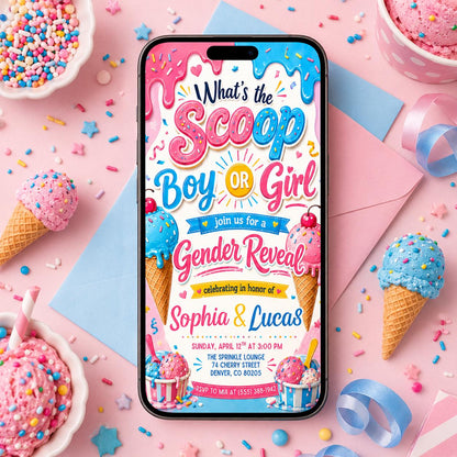 Gender Reveal Invitation Template, Ice Cream Scoop Theme, Ice Cream Gender Reveal Invite, What's The Scoop Party, Baby Boy Or Girl He Or She __etsy:8076848549