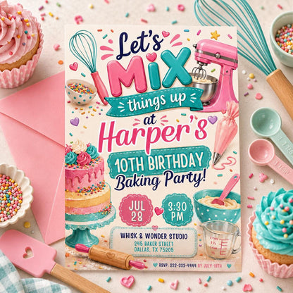 Pastel Baking Birthday Invitation for Girls — print-ready birthday party design from VoltBy