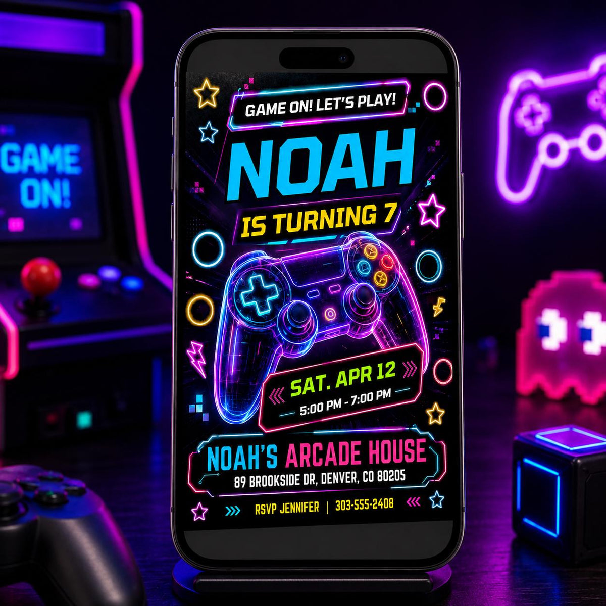 Neon Controller Game On 7th Birthday Invitation — print-ready 7th birthday party design from VoltBy