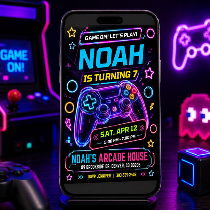 Neon Controller Game On 7th Birthday Invitation — print-ready 7th birthday party design from VoltBy
