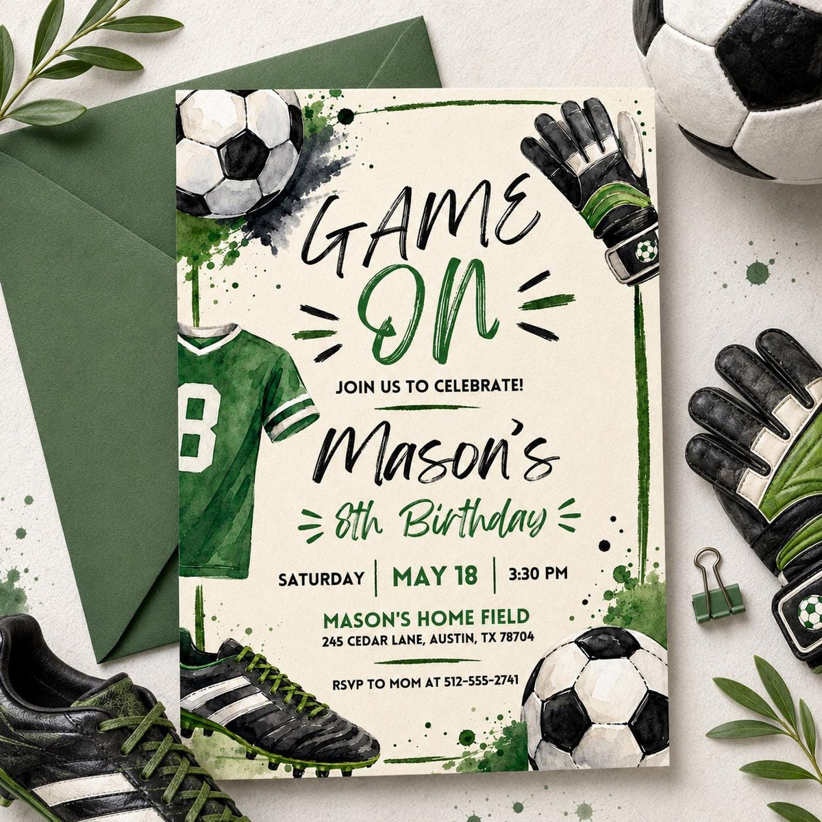 Watercolor Soccer Jersey 8th Birthday Invitation — digital invitation, instant download