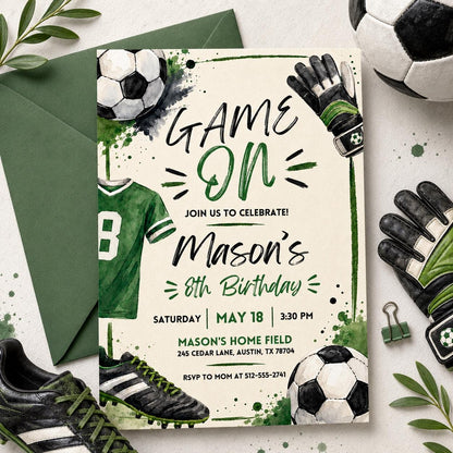 Watercolor Soccer Jersey 8th Birthday Invitation — digital invitation, instant download