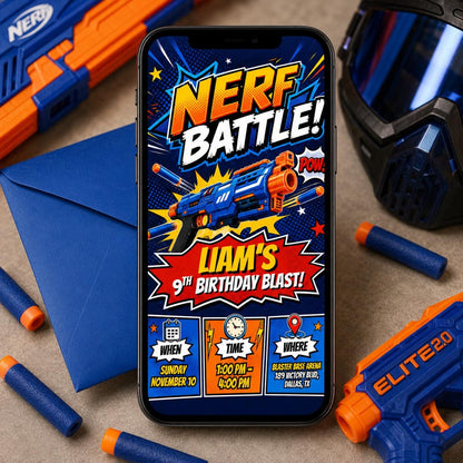 Comic Foam Dart Battle 9th Birthday Invitation — print-ready 9th birthday party design from VoltBy