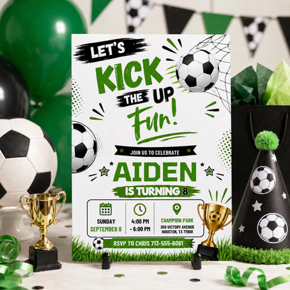 Let's Kick Up the Fun Soccer 8th Birthday Invitation — invitation you personalize in Canva