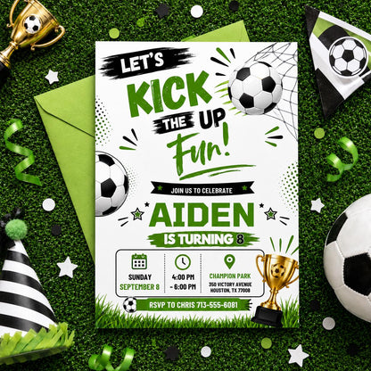 Let's Kick Up the Fun Soccer 8th Birthday Invitation — print-ready 8th birthday party design from VoltBy