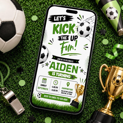 Let's Kick Up the Fun Soccer 8th Birthday Invitation — 8th birthday party stationery by VoltBy