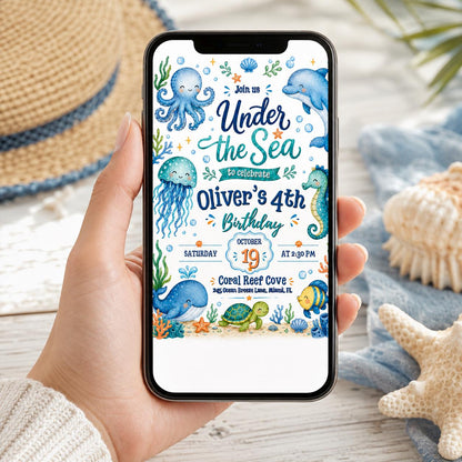 Blue Under the Sea 4th Birthday Invitation — dolphin and jellyfish design