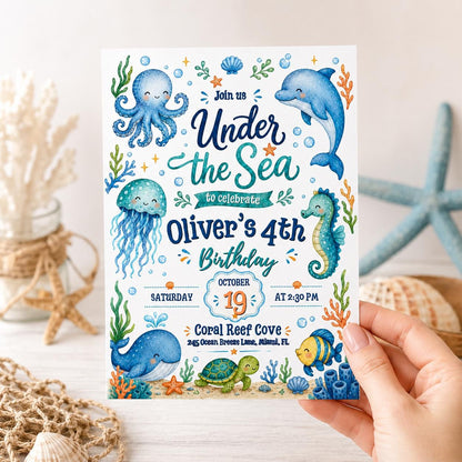 Blue Under the Sea 4th Birthday Invitation — dolphin and jellyfish artwork in teal