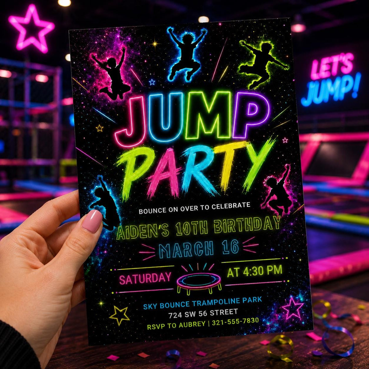 Rainbow Neon Jump Party 10th Birthday Invitation — invitation you personalize in Canva