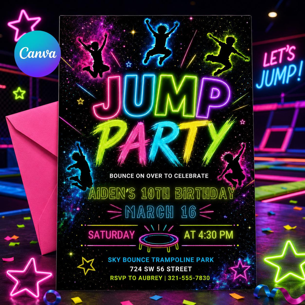 Rainbow Neon Jump Party 10th Birthday Invitation — editable Canva template