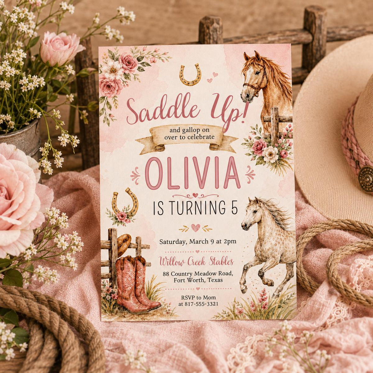 Saddle Up Horse 5th Birthday Invitation with Pink Boots — invitation you personalize in Canva