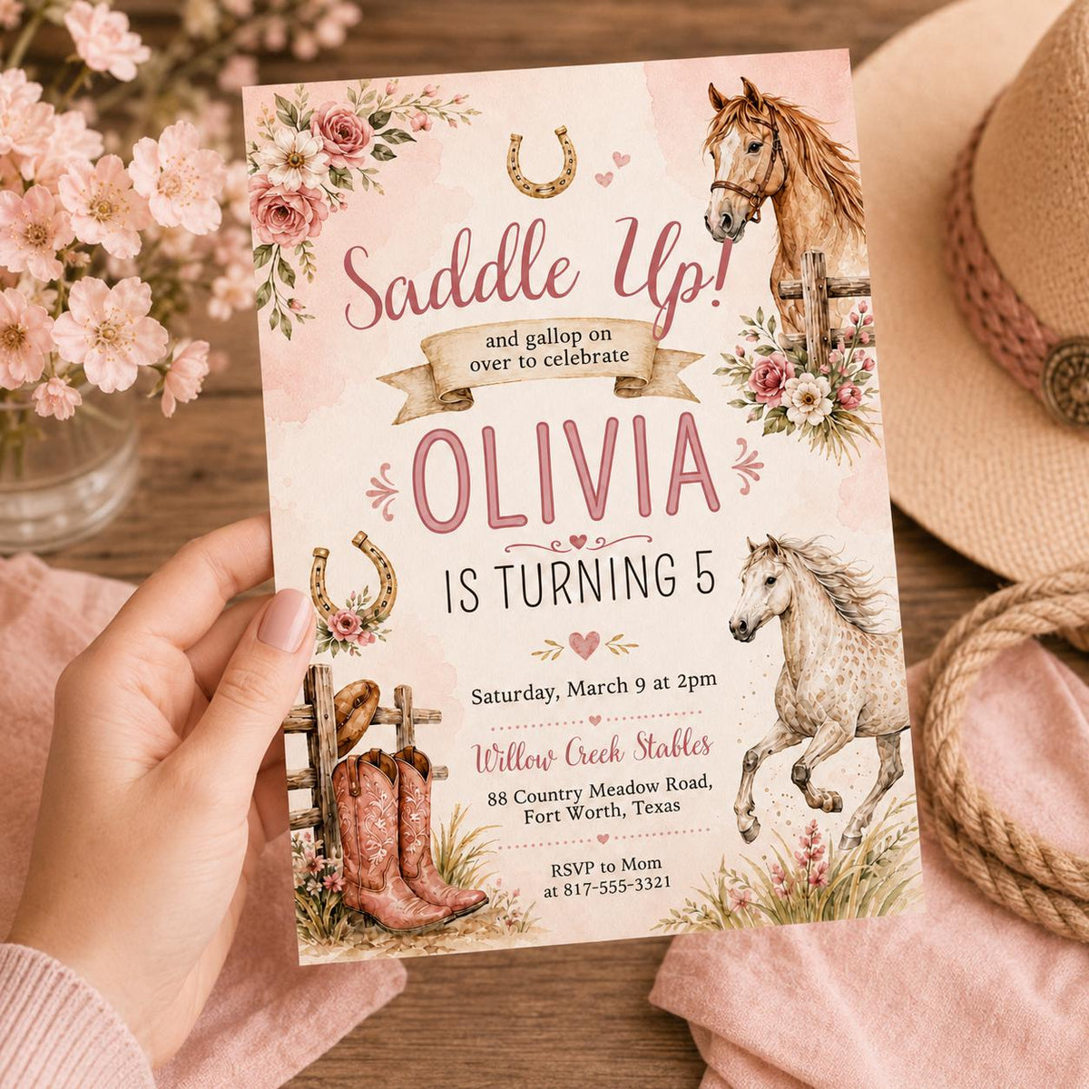 Saddle Up Horse 5th Birthday Invitation with Pink Boots — digital invitation, instant download