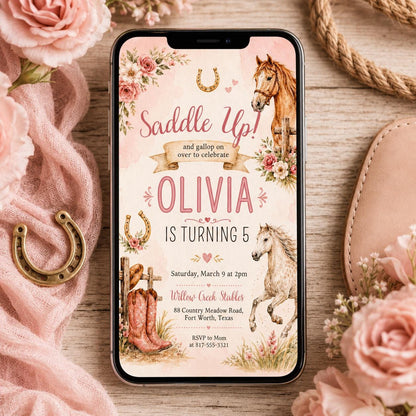 Saddle Up Horse 5th Birthday Invitation with Pink Boots — 5th birthday party stationery by VoltBy