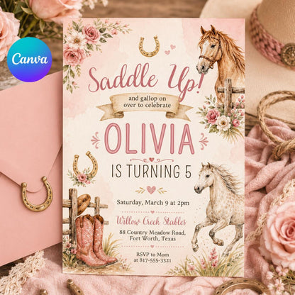 Saddle Up Horse 5th Birthday Invitation with Pink Boots — editable Canva template