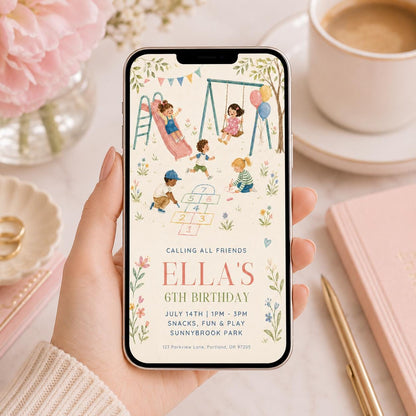 Playground 6th Birthday Invitation with Swings and Hopscotch — floral design