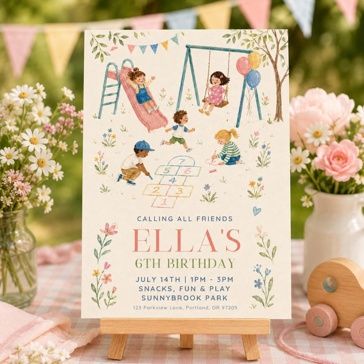 Playground 6th Birthday Invitation with Swings and Hopscotch — floral 6th birthday party design