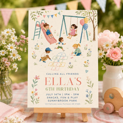 Playground 6th Birthday Invitation with Swings and Hopscotch — floral 6th birthday party design