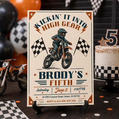 Vintage Dirt Bike 5th Birthday Invitation — invitation you personalize in Canva