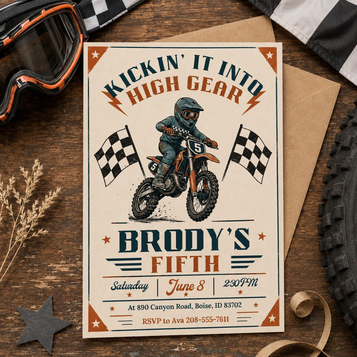 Vintage Dirt Bike 5th Birthday Invitation — motorcycle design