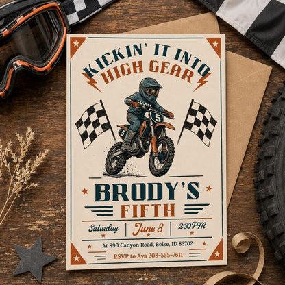 Vintage Dirt Bike 5th Birthday Invitation — motorcycle design