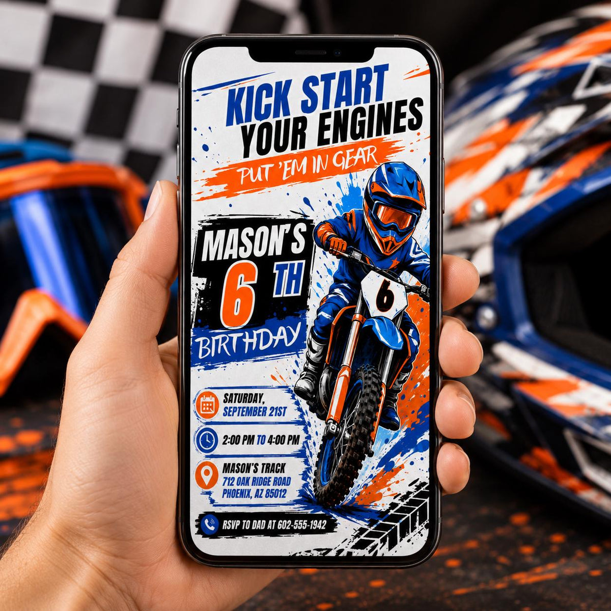Kick Start Your Engines Motocross 6th Birthday Invitation — invitation you personalize in Canva