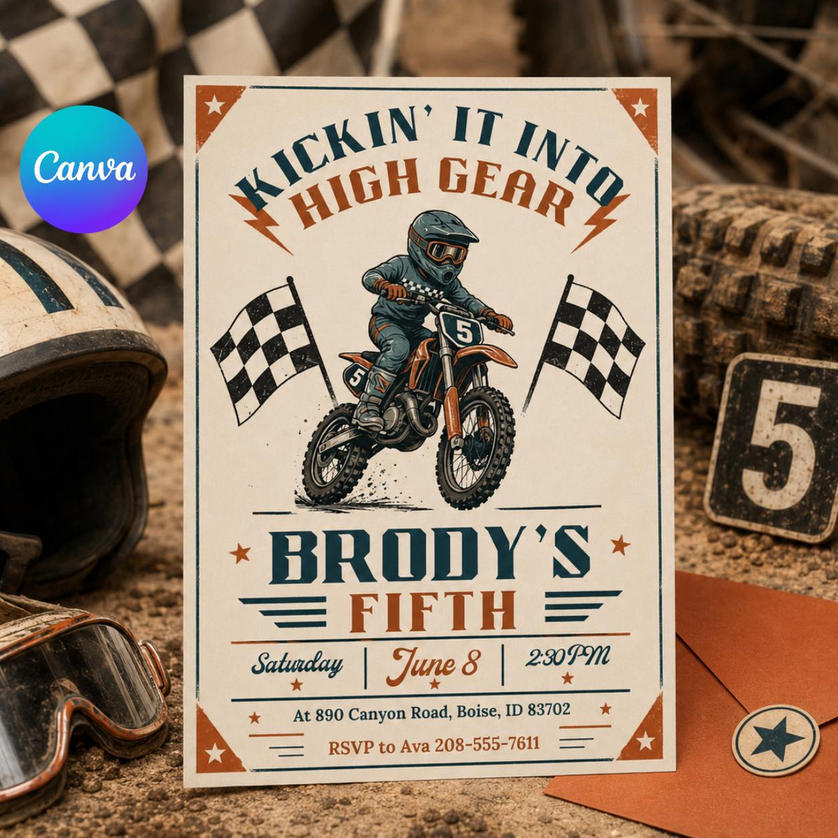 Vintage Dirt Bike 5th Birthday Invitation — editable Canva template