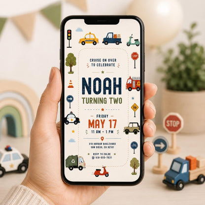 Transportation Birthday Invitation Boy, Two Two Birthday Invite, Vehicle Birthday Canva Template, Train Truck Car Birthday Party Invite __etsy:8080206243