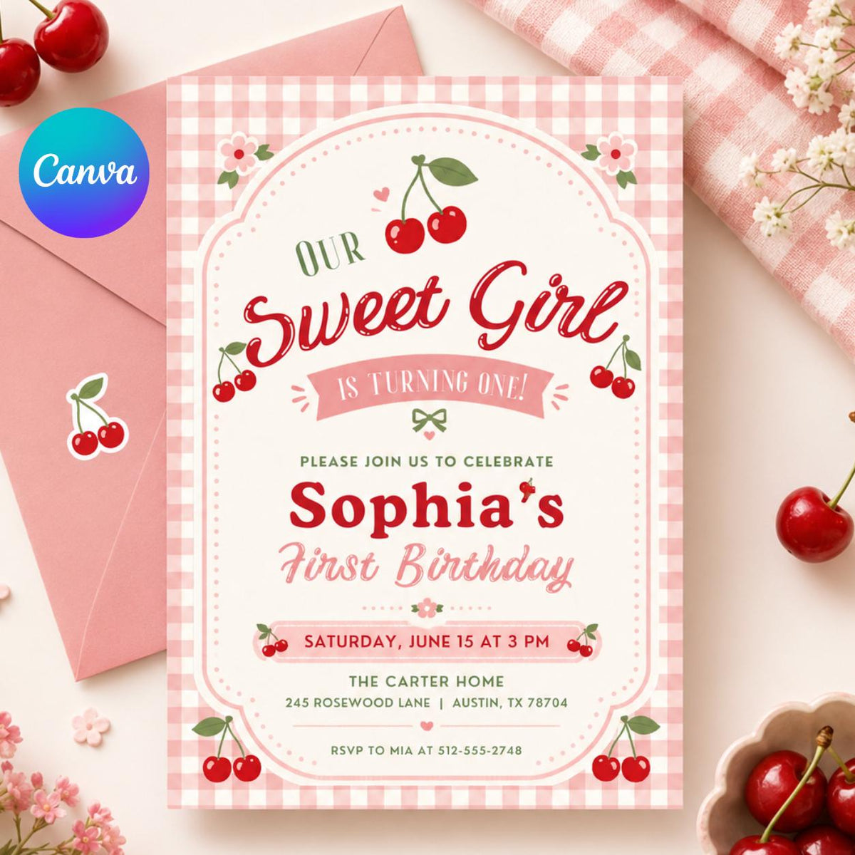 Our Sweet Girl Cherry First Birthday Invitation — editable Canva template