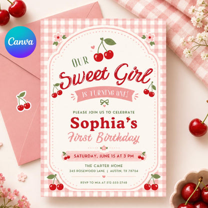 Our Sweet Girl Cherry First Birthday Invitation — editable Canva template